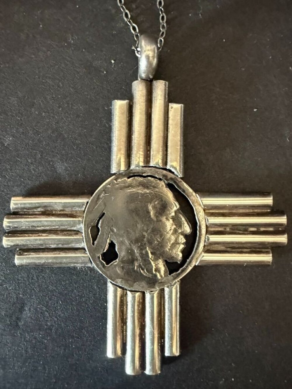 Vintage Silver Zia Indian Head Nickel Pendant Necklace With Cutout Coin & Chain
